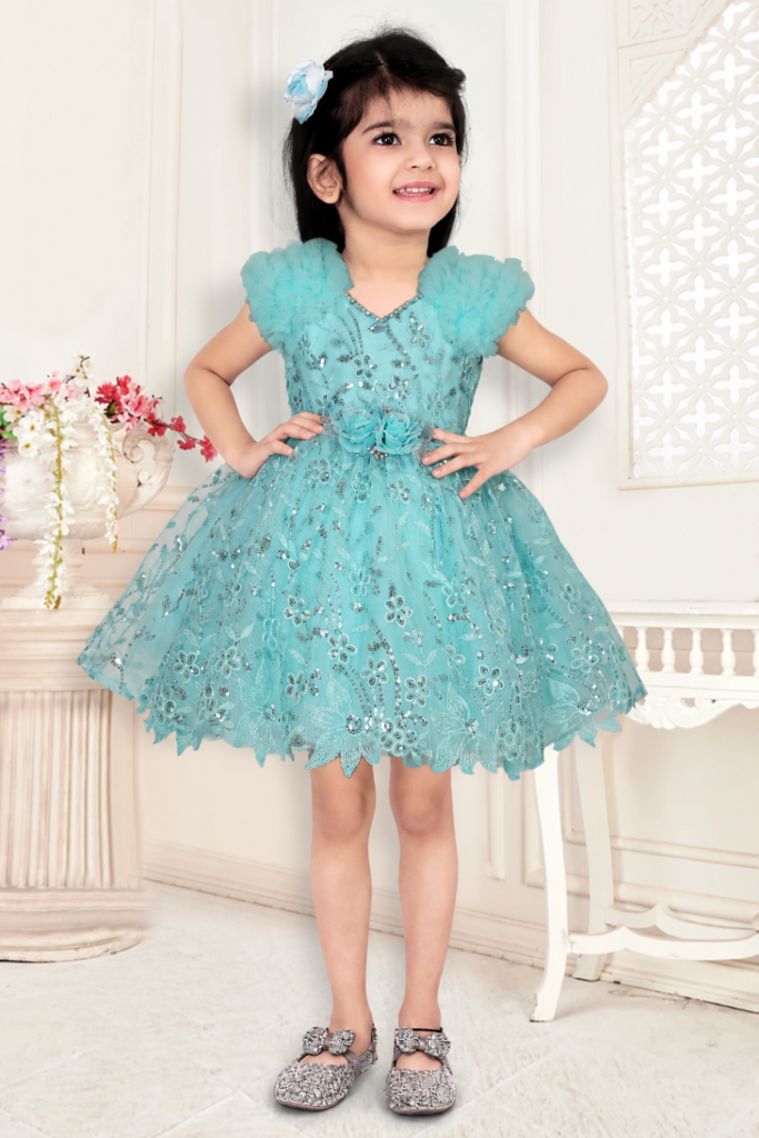Girls Turquoise Sequin Floral Party Dress - Arshi Kids World