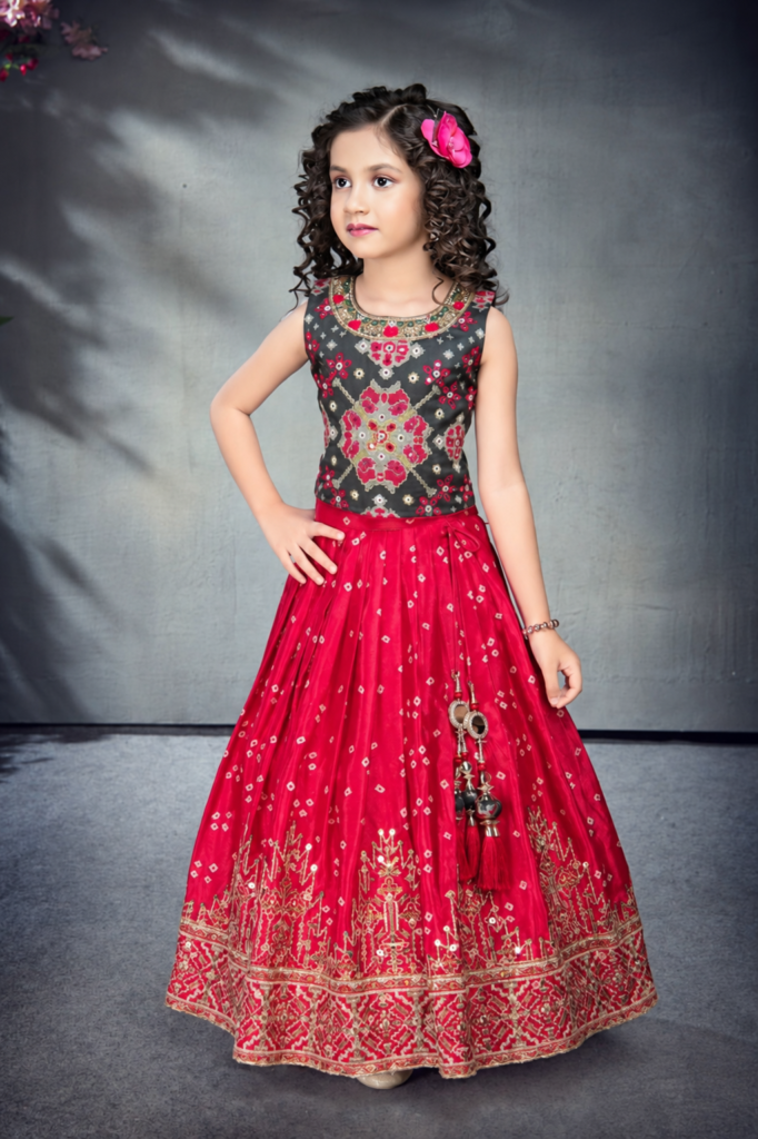 Girls Red Bandhani Print Lehenga with Mirror Work - Arshi Kids World