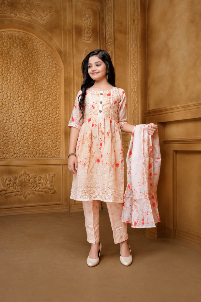 Girls Peach Floral Print Kurti Set - Arshi Kids World