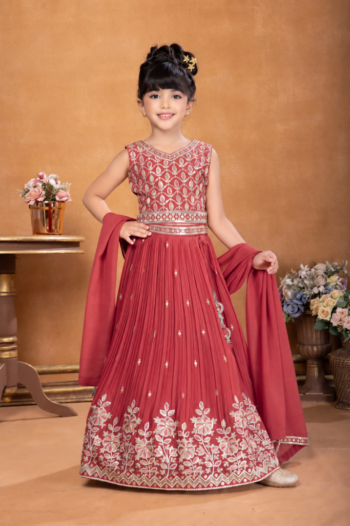 Girls Rust Red Embroidered Anarkali Gown - Arshi Kids World