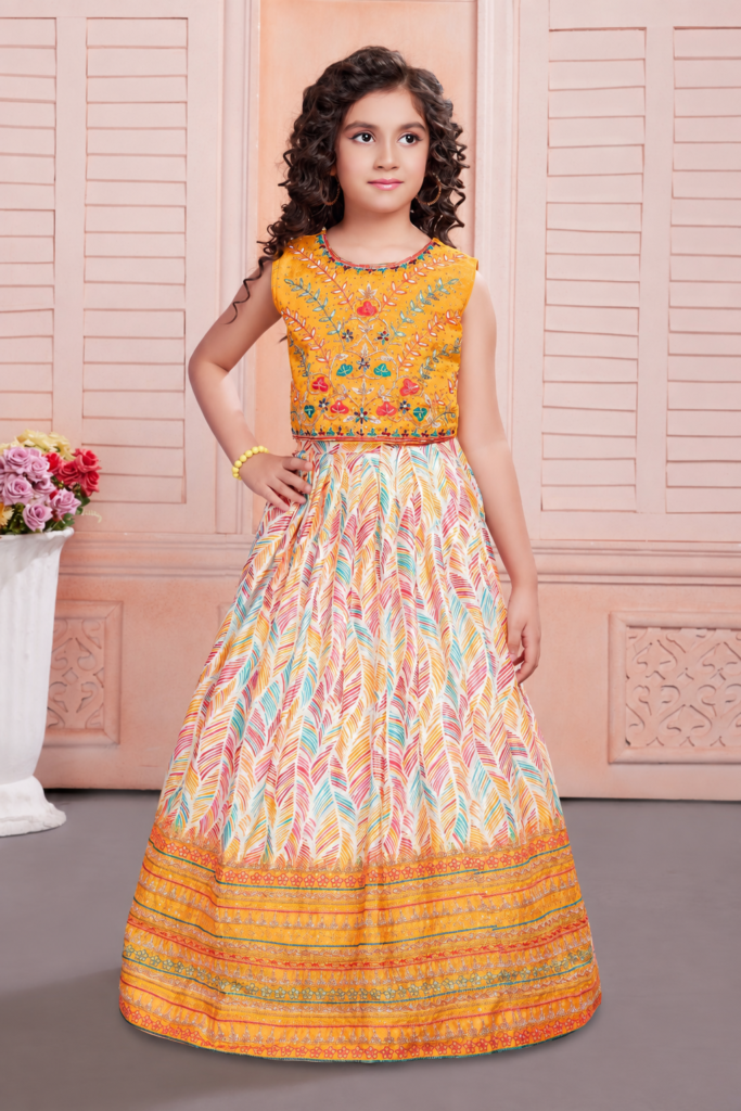 Girls Mustard Yellow Embroidered Lehenga - Arshi Kids World