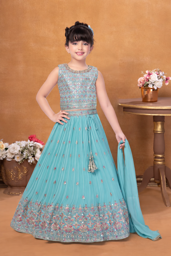Girls Sky Blue Sequin Embroidered Lehenga - Arshi Kids World