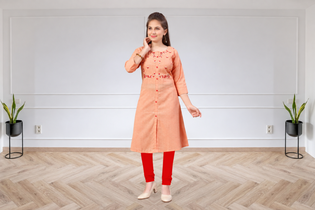 Girls Peach Embroidered Kurti with Leggings - Arshi Kids World