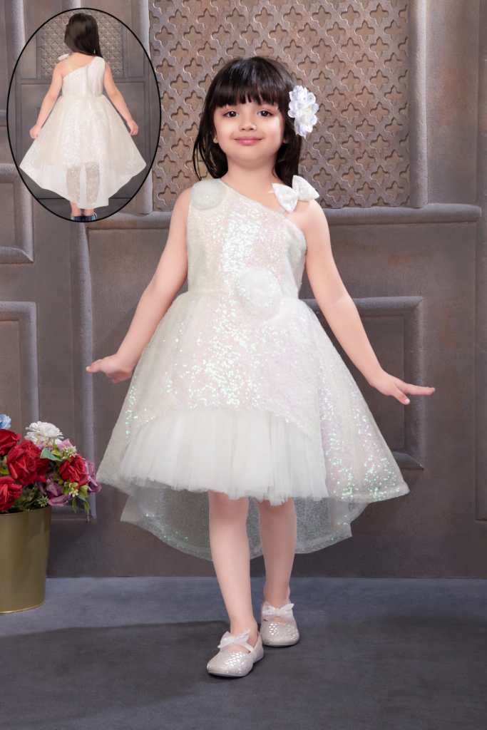 Girls White Sequin One-Shoulder High-Low Dress - Arshi Kids World