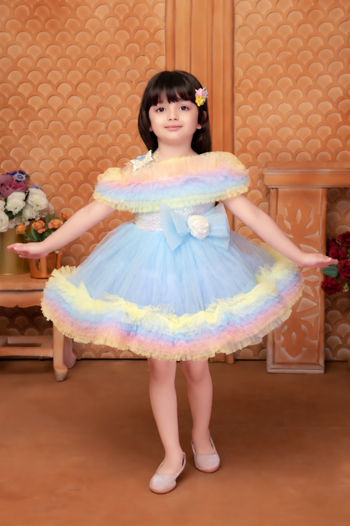 Girls Sky Blue Rainbow Ruffle Cape Party Dress - Arshi Kids World