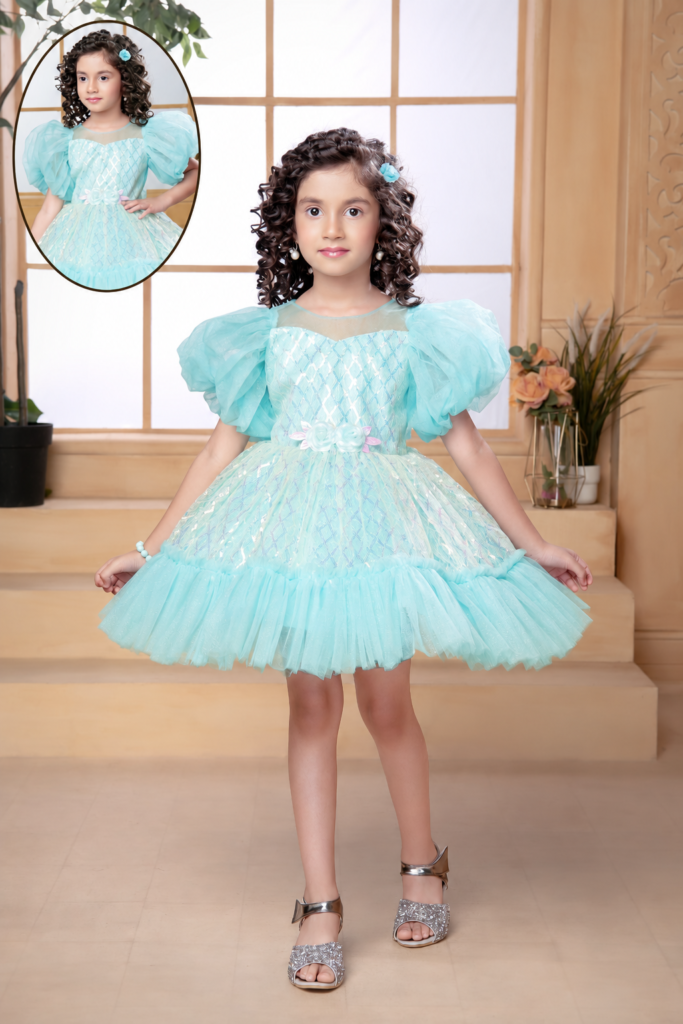 Girls Turquoise Puff Sleeve Shimmer Party Dress - Arshi Kids World