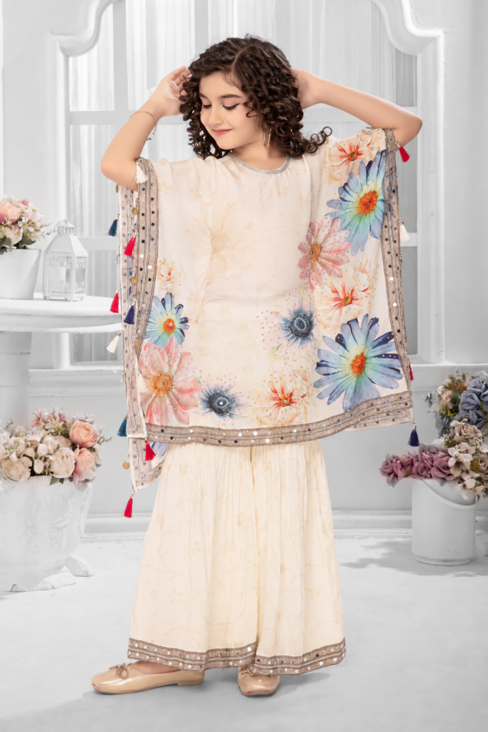 Girls Ivory Floral Kaftan Top with Sharara Pants - Arshi Kids World