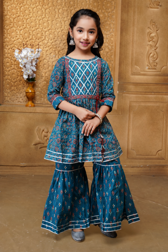 Girls Teal Printed Kurti with Sharara Pants - Arshi Kids World