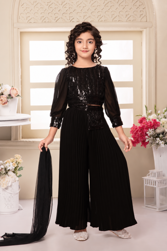 Girls Black Sequin Crop Top with Palazzo Pants - Arshi Kids World
