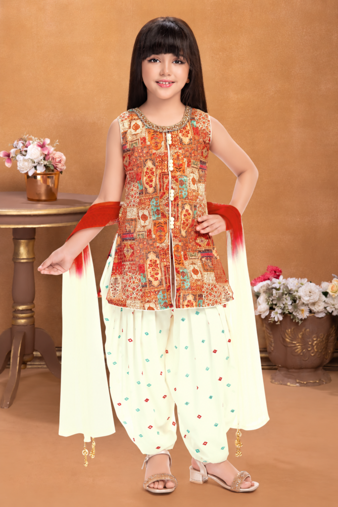 Girls Patchwork Print Jacket Kurti with Patiala Pants - Arshi Kids World
