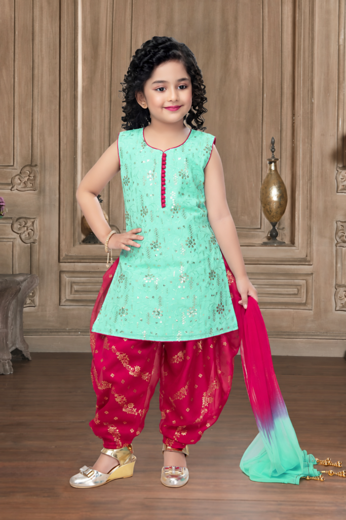 Girls Mint Green Foil Print Kurti with Patiala Pants - Arshi Kids World