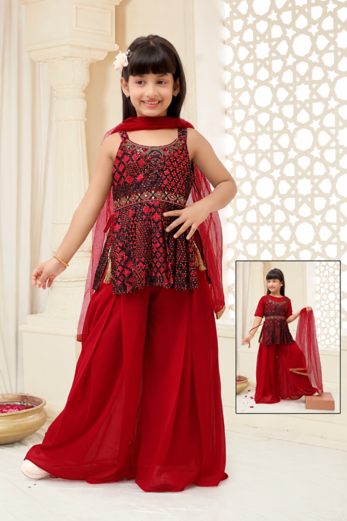 Girls Red Geometric Print Peplum Top with Palazzo Pants - Arshi Kids World