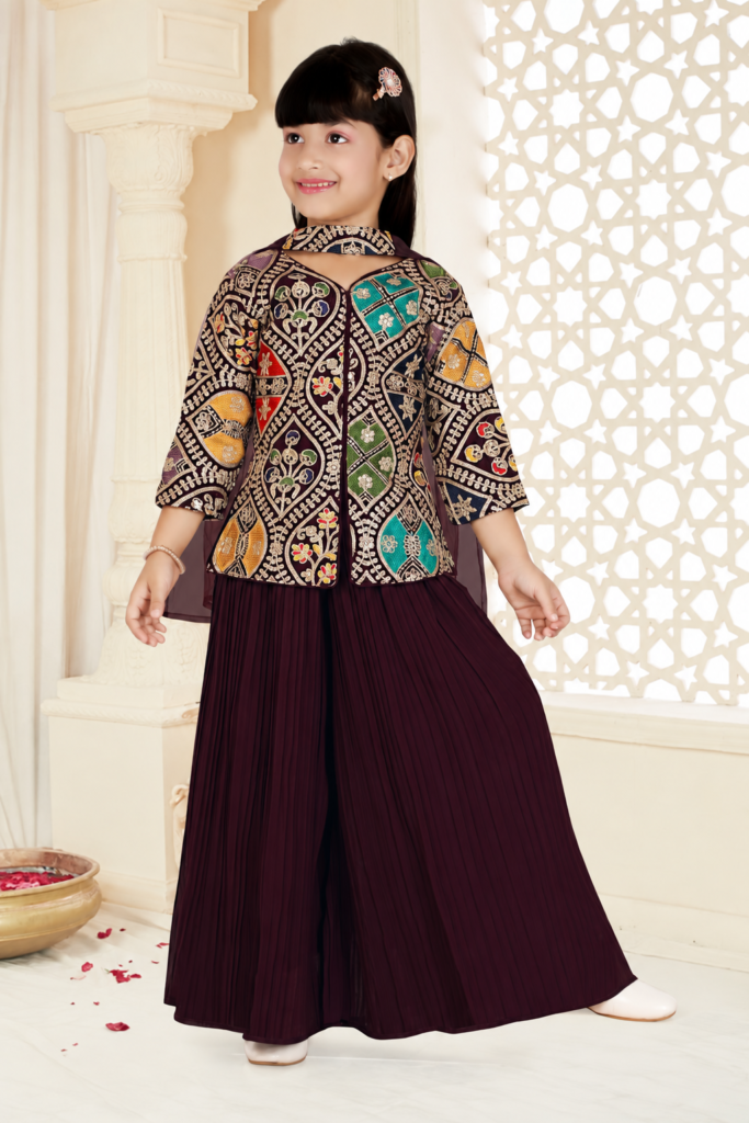 Girls maroon embroidered jacket top with palazzo pants festive outfit