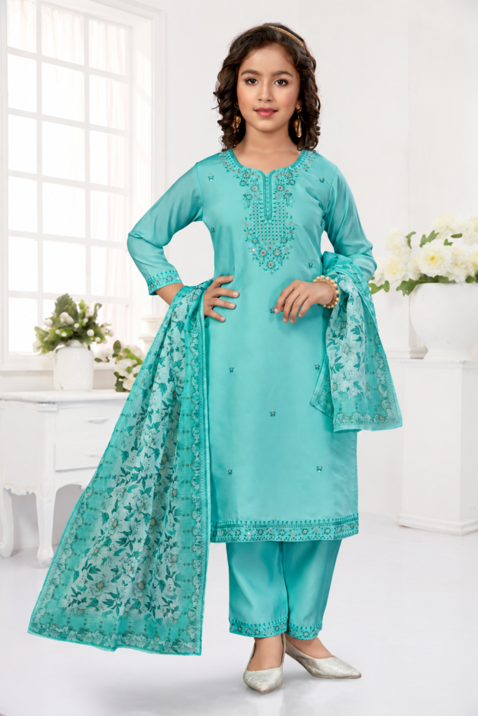 Girls turquoise embroidered kurti palazzo set with printed dupatta