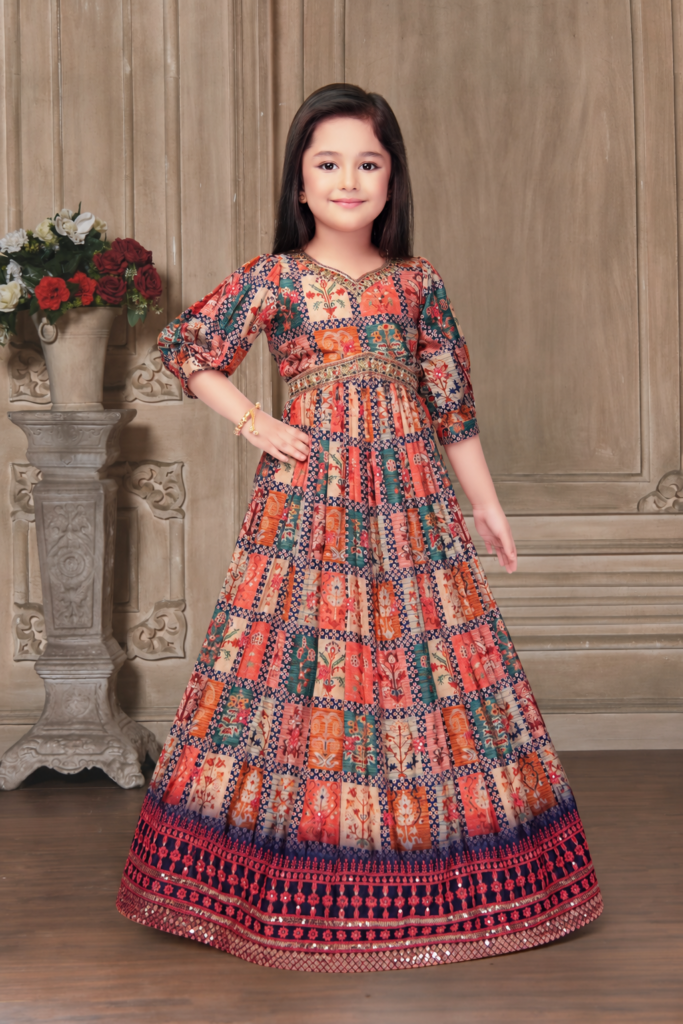 Girls patchwork print flared gown with mirror sequin border
