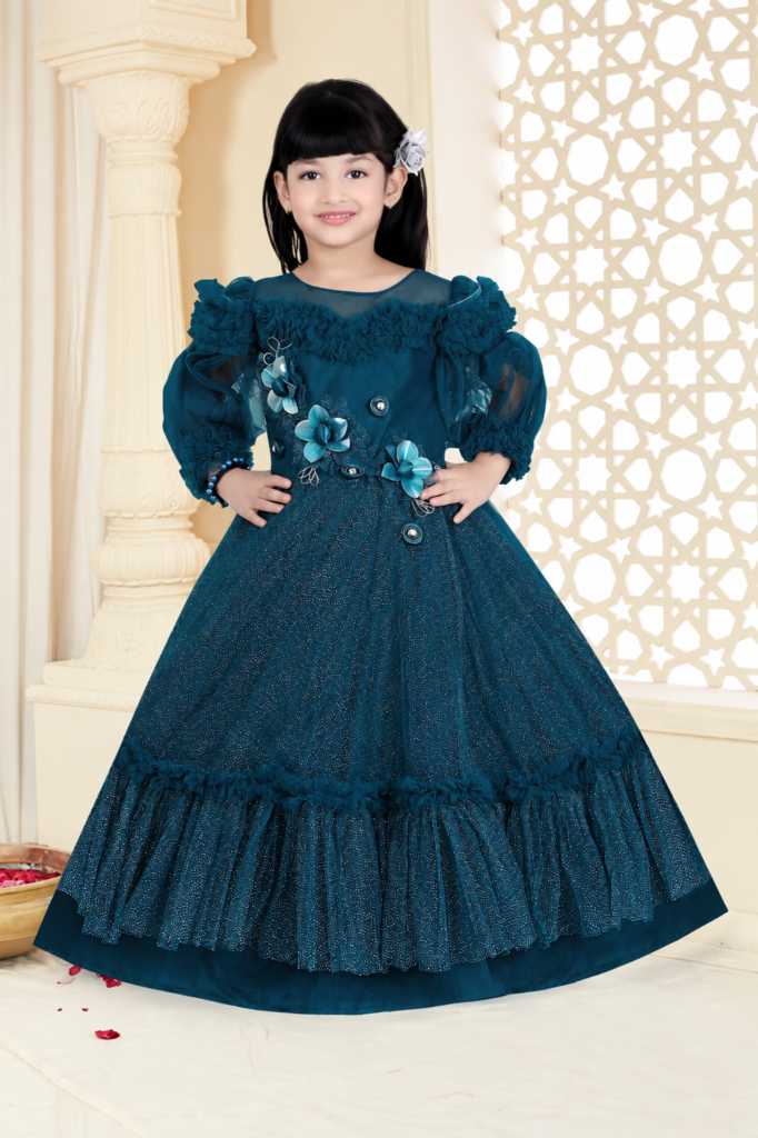 Girls teal party wear ruffle gown with 3D flower detailing