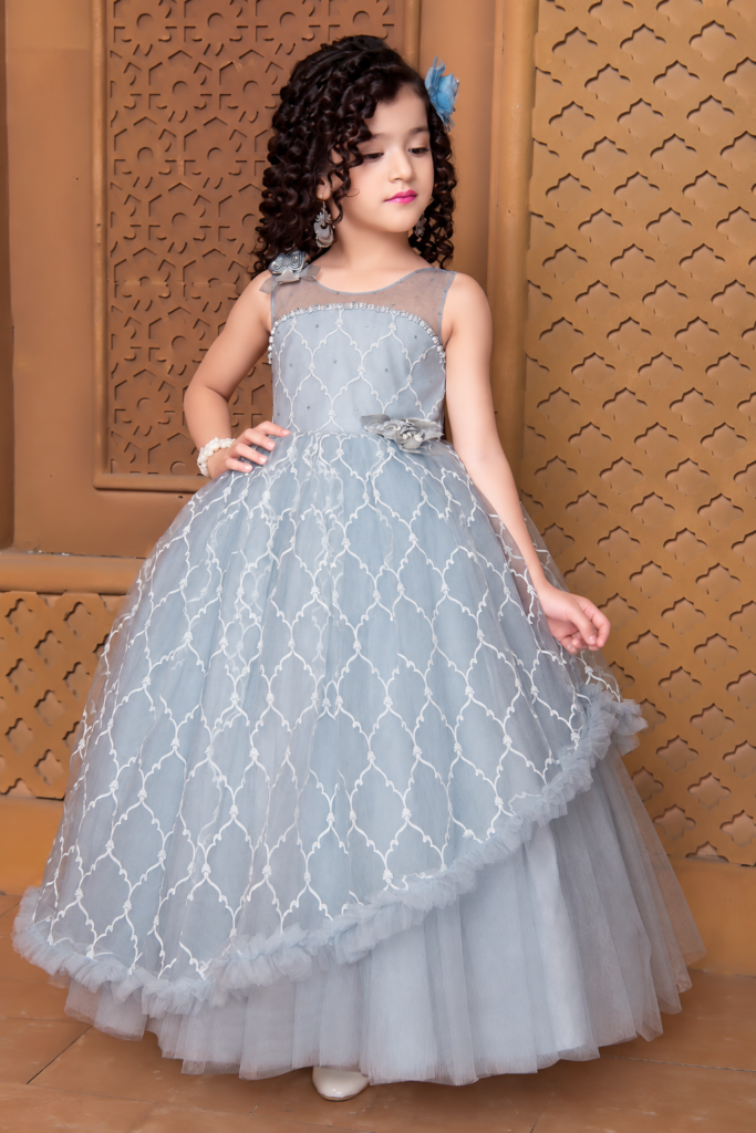 Girls ice blue trellis embroidered party gown