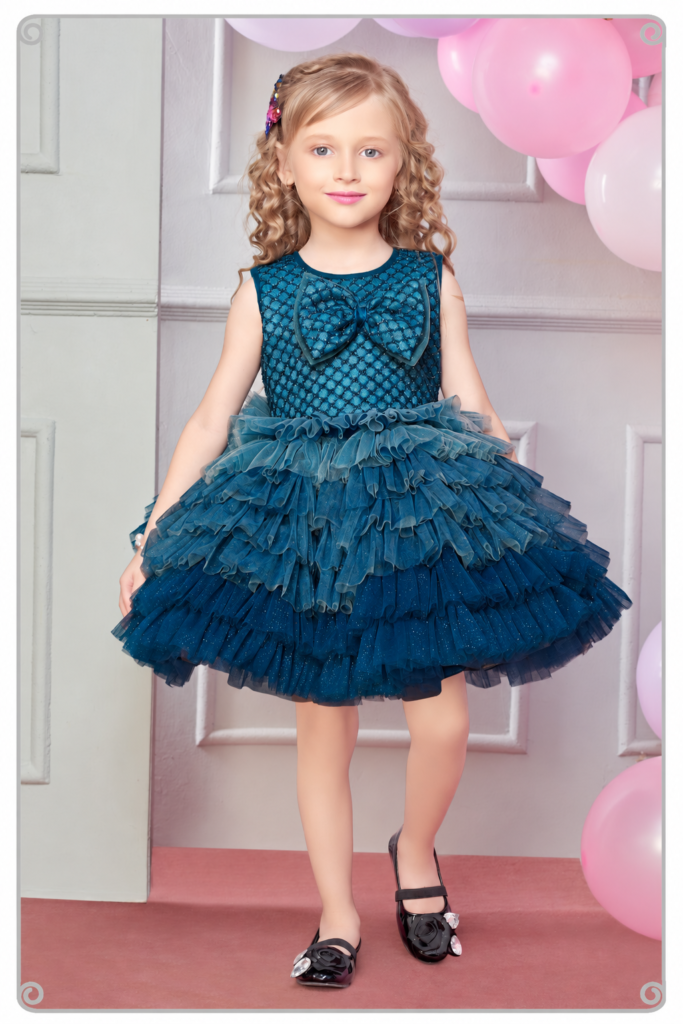 Girls teal bow party frock with ruffled tulle skirt