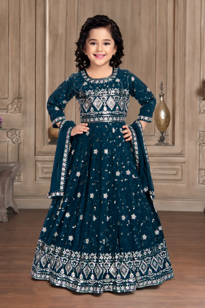 Girls teal sequin embroidered anarkali gown with dupatta