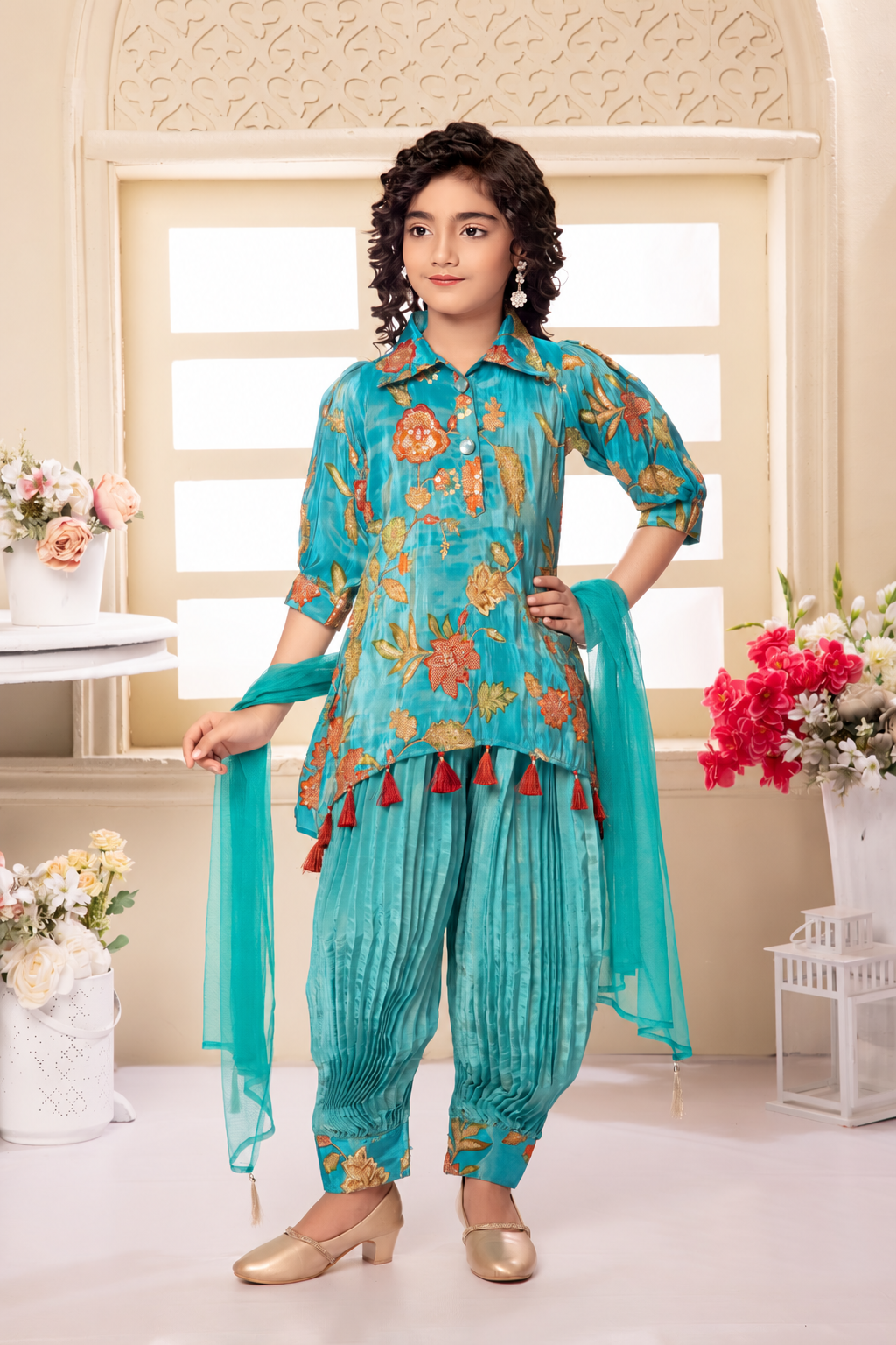 Girls floral peplum top with patiala salwar and dupatta set