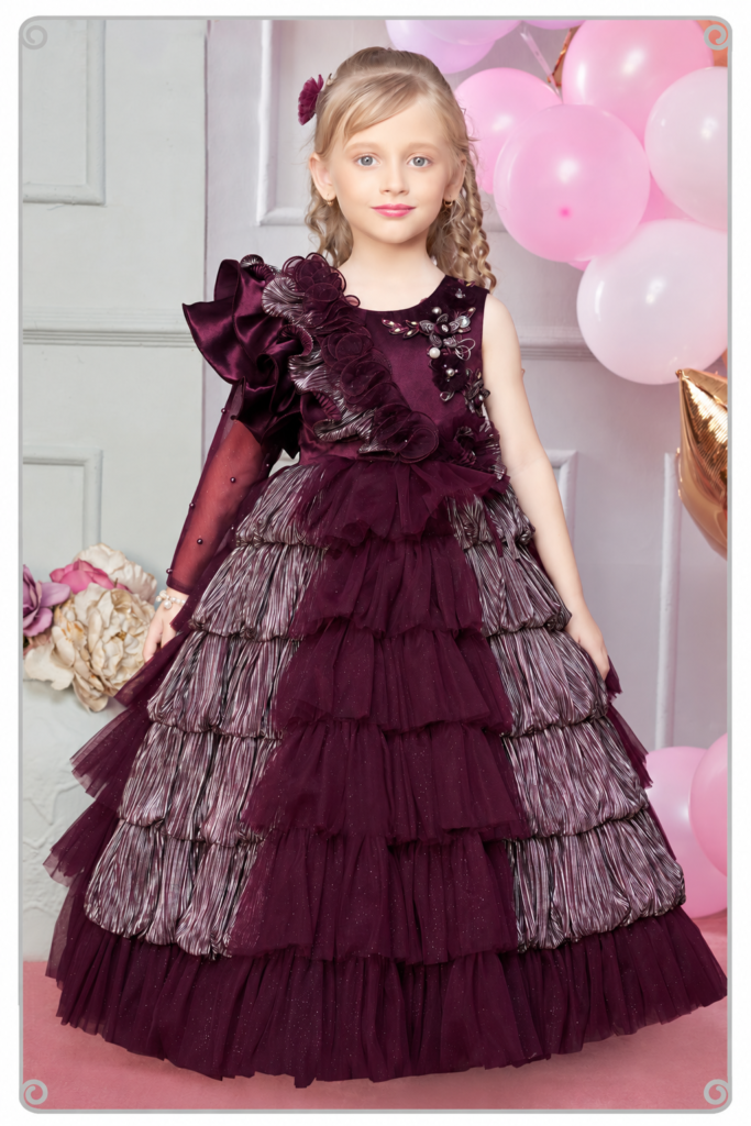 Girls wine ruffle floral applique layered party gown