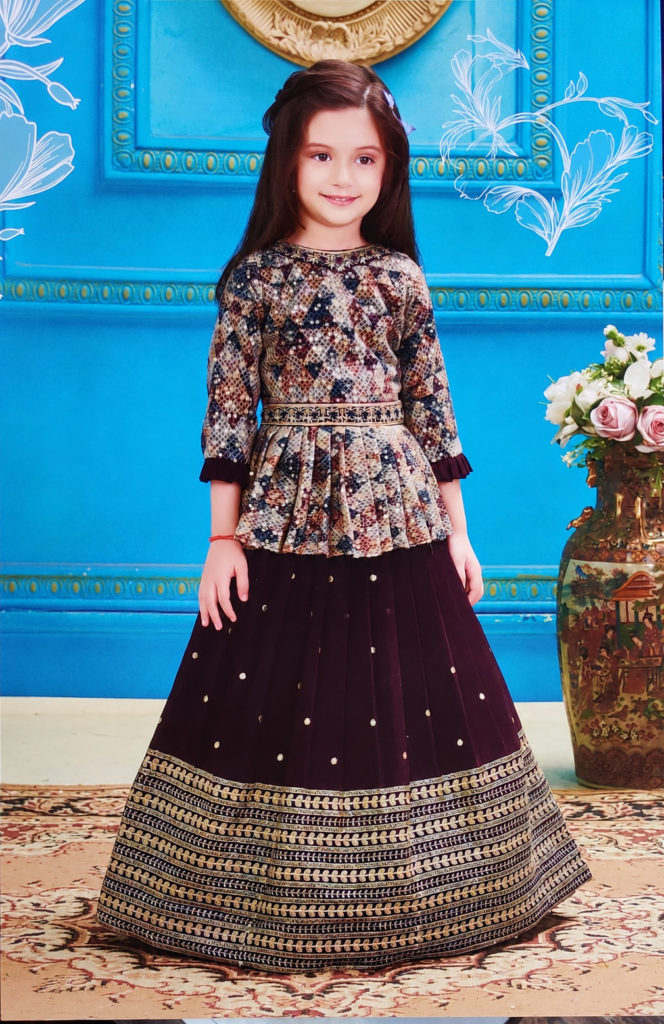 Girls printed peplum top with wine embroidered lehenga