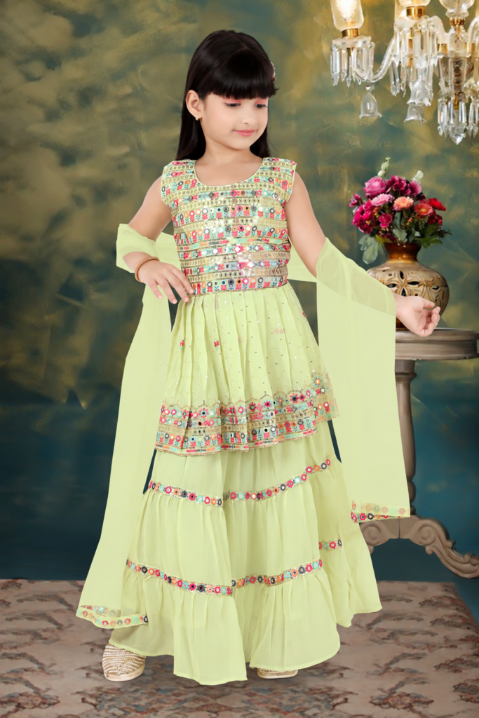 Girls lime green embroidered peplum lehenga set with layered skirt and dupatta