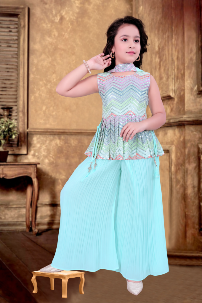 Girls mint blue chevron sequin peplum top with palazzo pants set