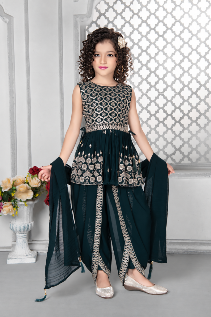 Girls bottle green embroidered peplum top with dhoti salwar and dupatta set