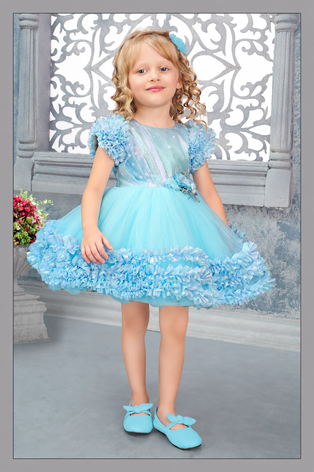 Girls sky blue ruffle tulle party dress with flower accent