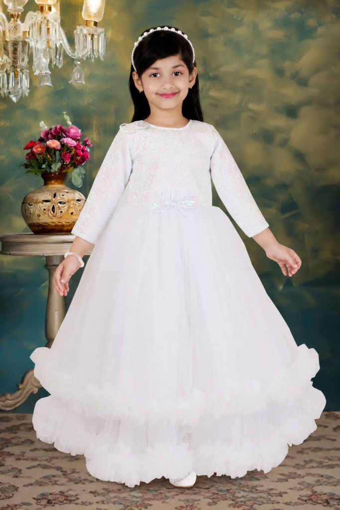 Girls white shimmer full sleeve party gown with feather ruffle hem