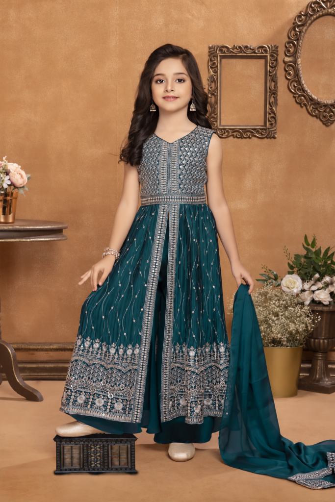 Girls teal embroidered front-slit gown with palazzo and dupatta