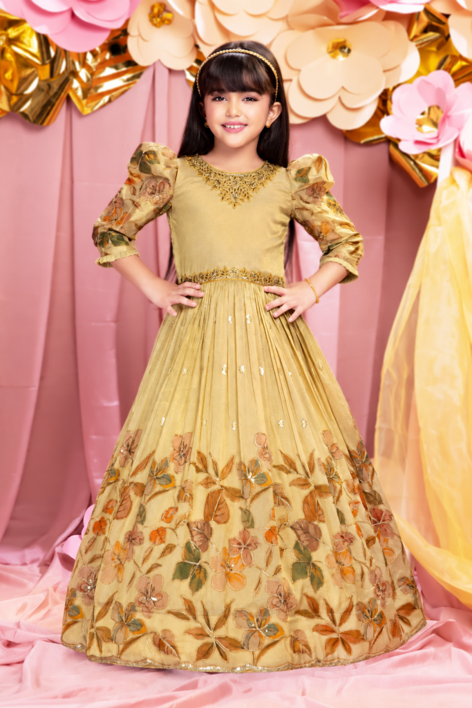 Girls golden floral applique puff sleeve gown