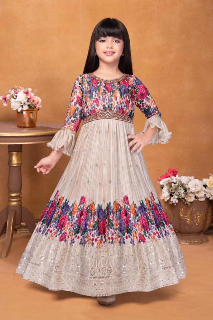 Girls floral print bell sleeve gown with embellished waist