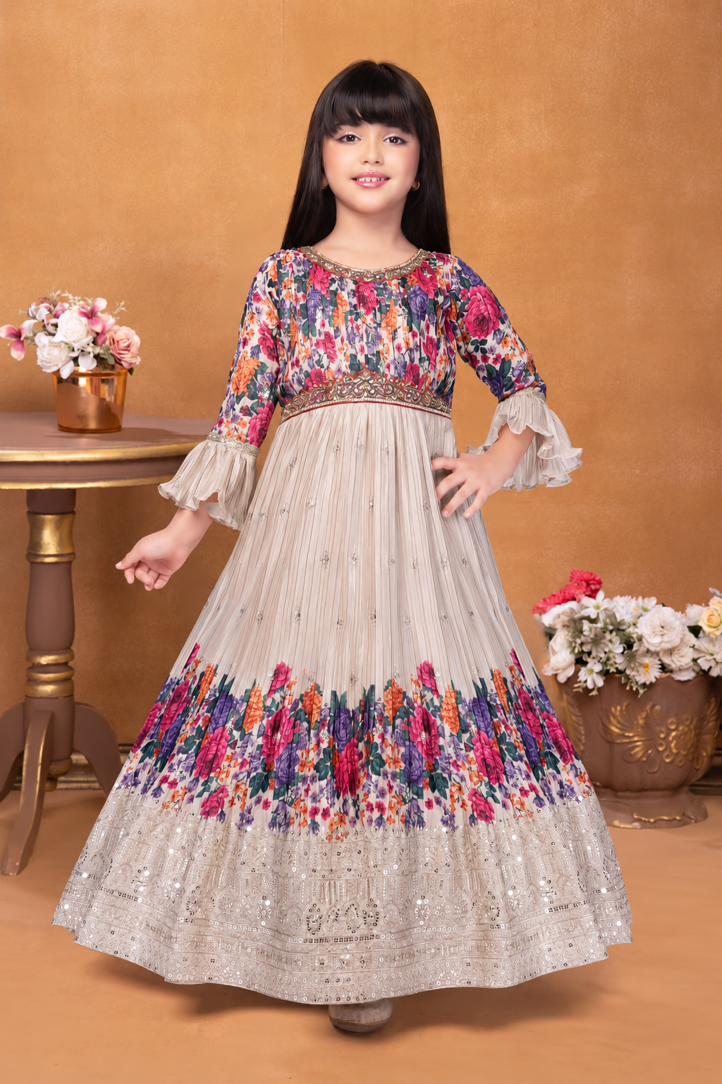 Girls floral print bell sleeve gown with embellished waist
