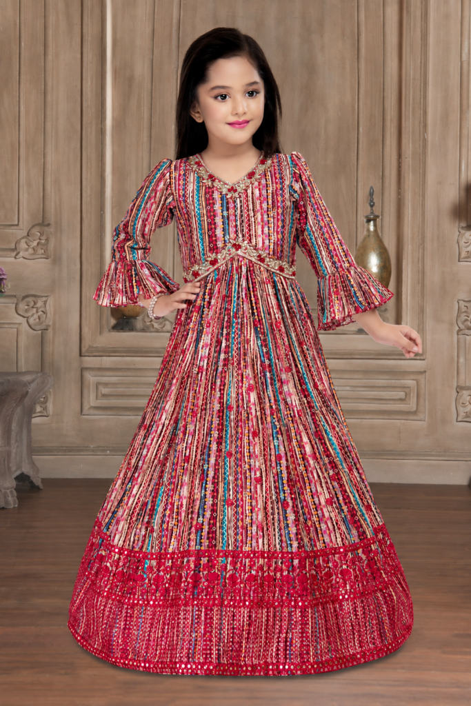Girls striped print bell sleeve gown with embroidered maroon border