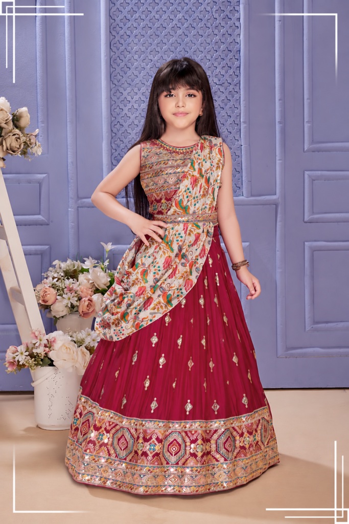 Girls maroon embroidered lehenga with printed cape dupatta