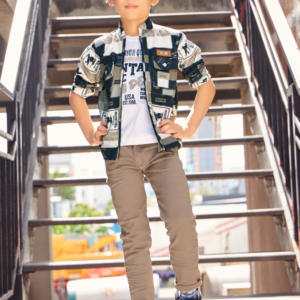 Boys olive patchwork print shirt jacket with graphic tee and pants set