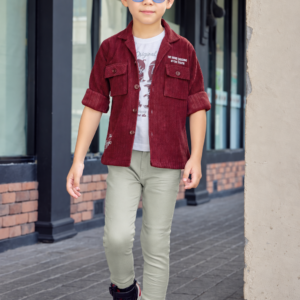 Boys maroon corduroy shacket with graphic tee and pants set