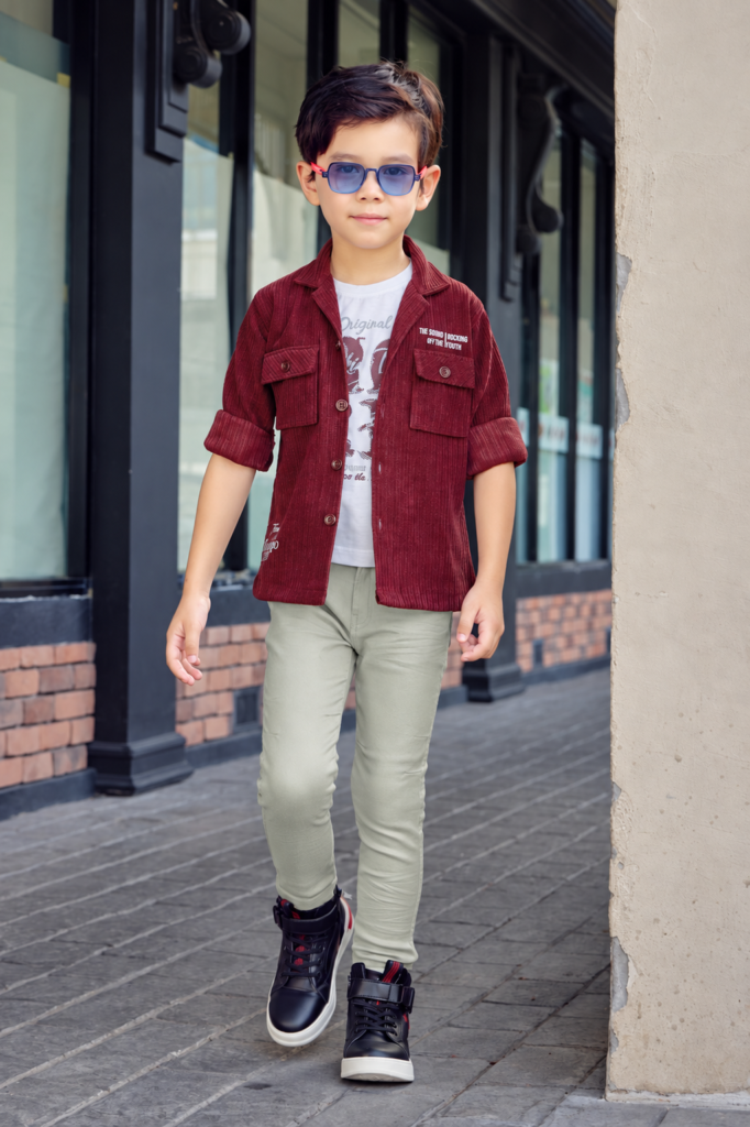 Boys maroon corduroy shacket with graphic tee and pants set