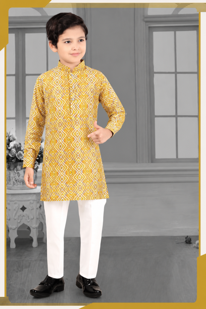 Boys mustard yellow geometric print kurta pajama set