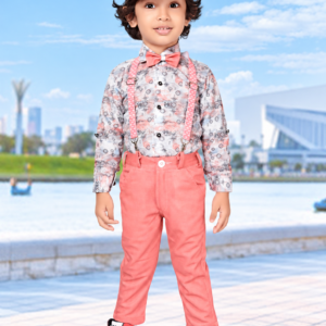 Boys coral printed shirt with suspenders bow tie and cap set
