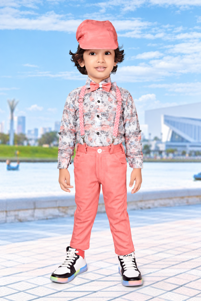 Boys coral printed shirt with suspenders bow tie and cap set