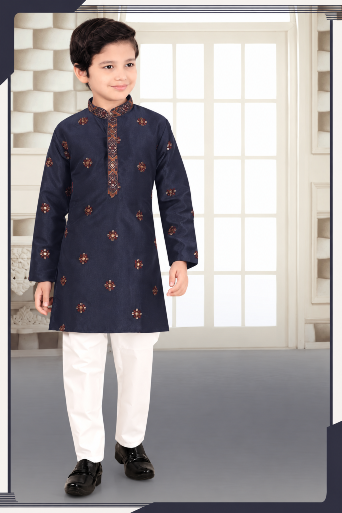 Boys navy blue embroidered kurta pajama set