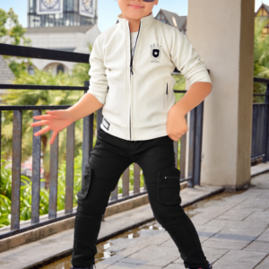 Boys white zipper jacket with black cargo pants set