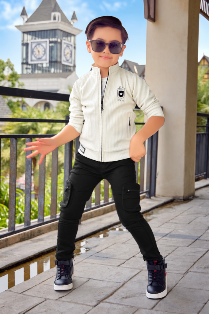 Boys white zipper jacket with black cargo pants set