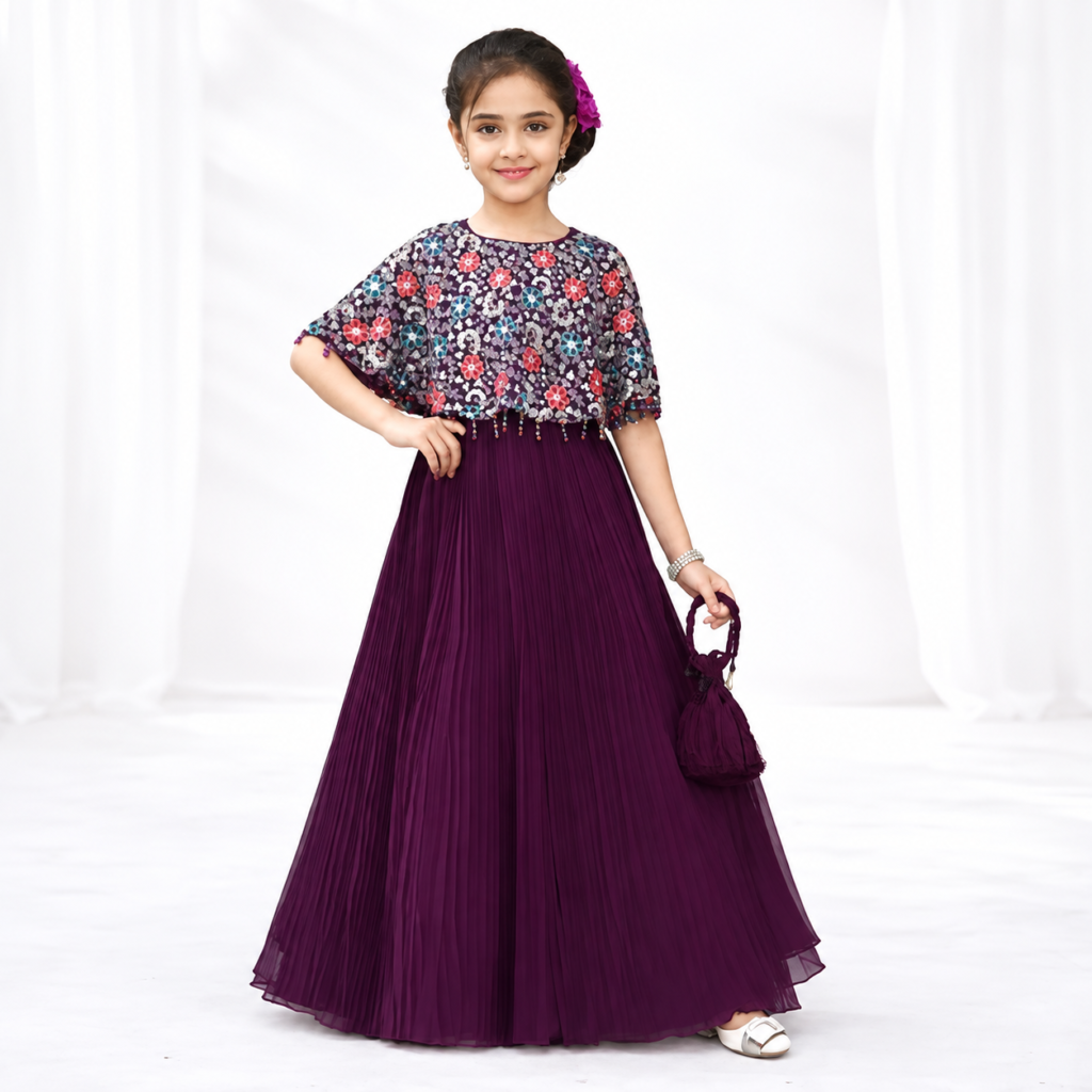Girls wine purple floral cape sleeve pleated gown with potli bag