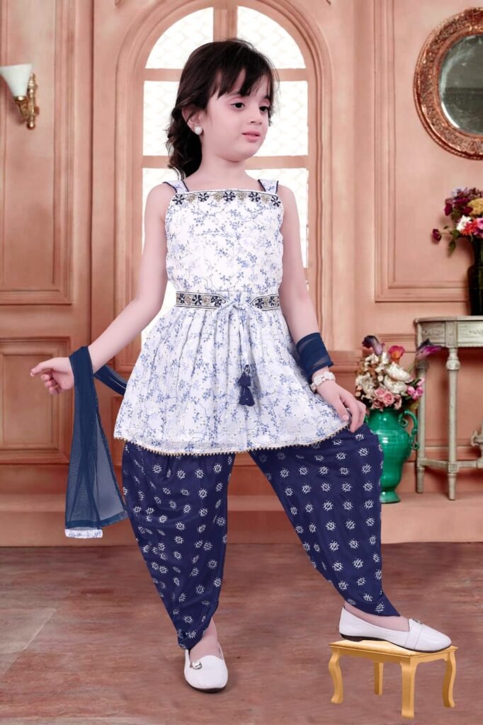 Girls White Floral Peplum Top with Navy Patiala Pants - Arshi Kids World