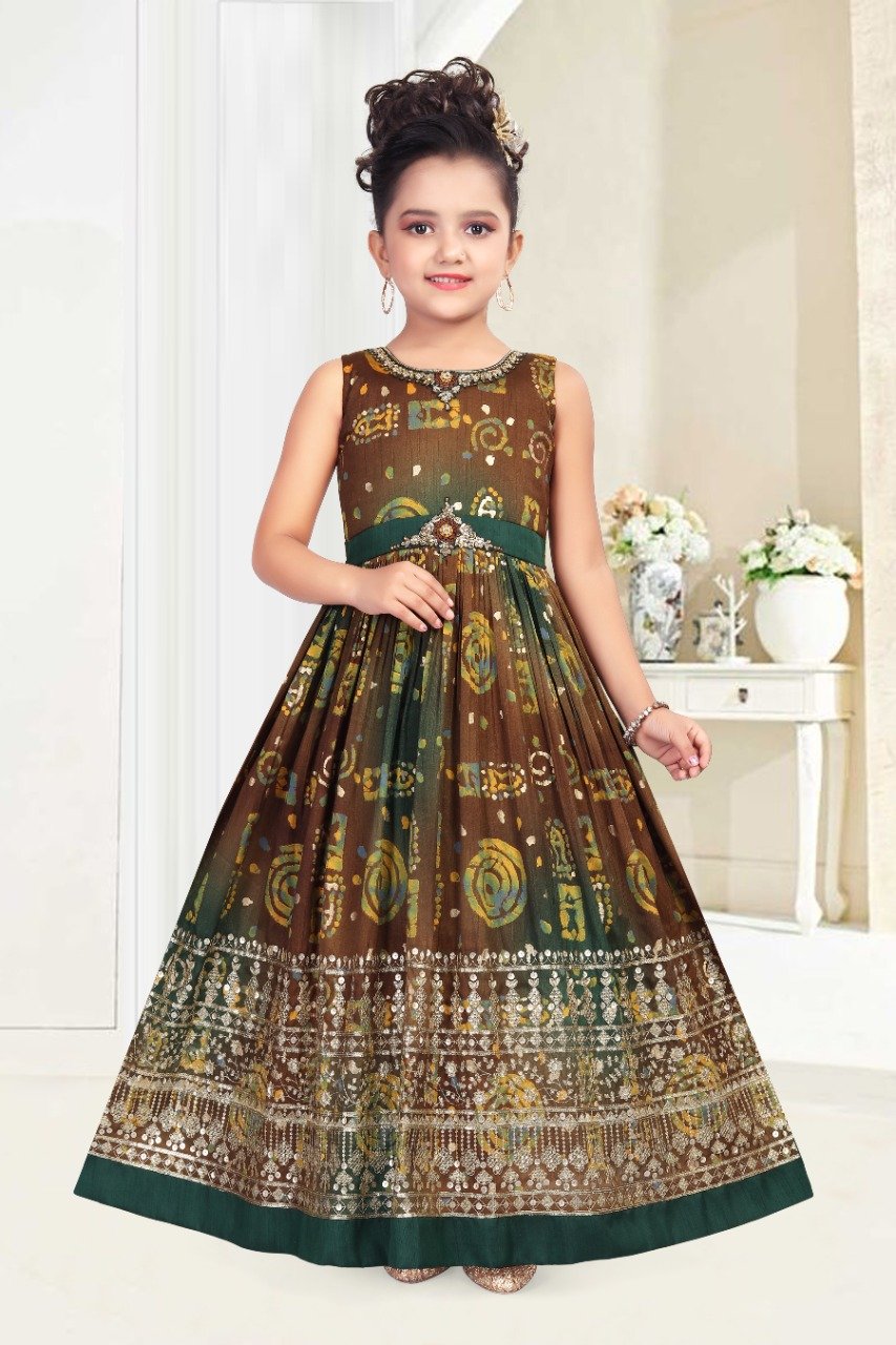 Girls Brown Green Abstract Print Anarkali Gown - Arshi Kids World