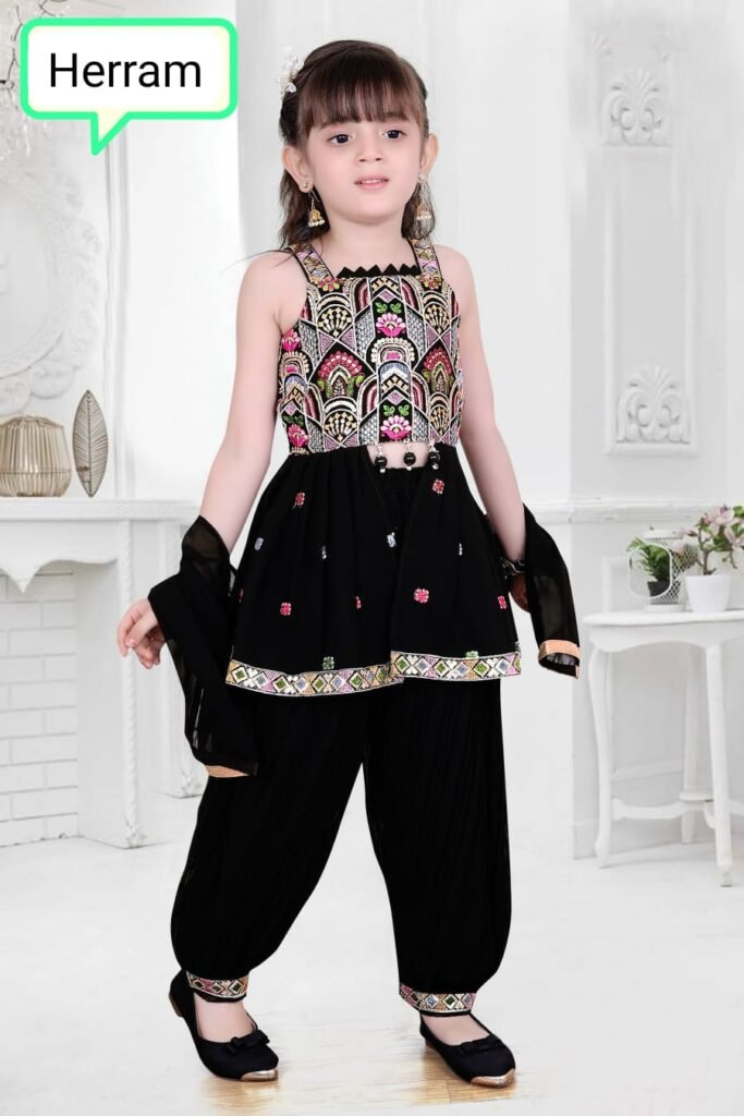 Girls Black Embroidered Peplum Top with Patiala Pants - Arshi Kids World